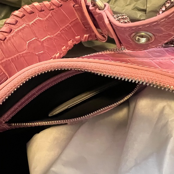 WOMEN'S LE CAGOLE METALLIC PINK SHOULDER BAG CROCODILE EMBOSSED WITH RHINESTONES - Picture 7 of 15